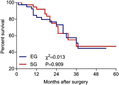 Figure 3 Overall survival of patients in SG and EG. The median overall survival was 36 months for both groups.Abbreviations: SG, stent group; EG, emergency group.