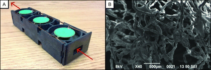 Figure 3 (a) Picture of a single AEI “building block.” Three piezo-electric sound sources can be seen as disks on the top of the device. The gas flow direction (arrows) is from right to left through rectangular port. (b) SEM micrograph of collection media. (Color figure available online.)