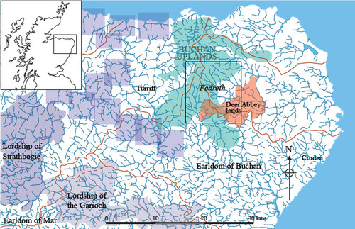 Fig. 1. Location plan showing Fedreth, the Buchan uplands and various land-holdings mentioned in the text. The mauve rectangles depict royal thanages and the brown lines are watersheds.