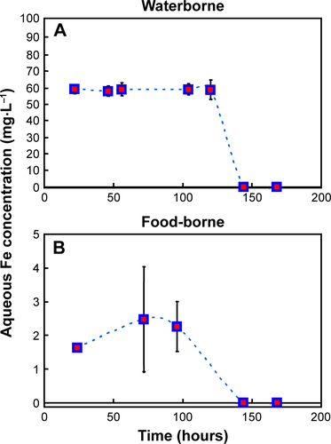 Figure S1 Aqueous Fe concentrations over time for (A) waterborne and (B) food-borne exposure experiments.Note: Dashed lines indicate the aqueous Fe concentration trend over time.