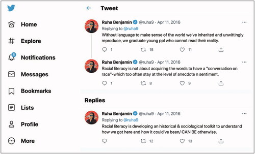 Figure 1. Acuff screenshot of a series of three tweets shared by Ruha Benjamin on April 11, 2016. https://twitter.com/ruha9/status/719535690615242753?lang=en.