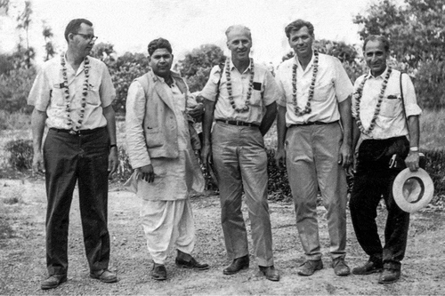 Fig. 1 Glenn Anderson, et al. India, ca. 1963. Left to right – Wayne Freeman, unknown, Norman Borlaug, Glenn Anderson, S. P. Kohli (Source: Rockefeller Foundation).