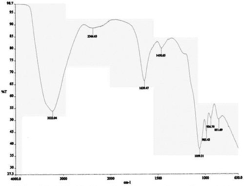 Figure 1. Fourier transform infrared (FTIR)-absorption spectrum of the biosurfactant produced by P. aeruginosa Lbp5 strain.