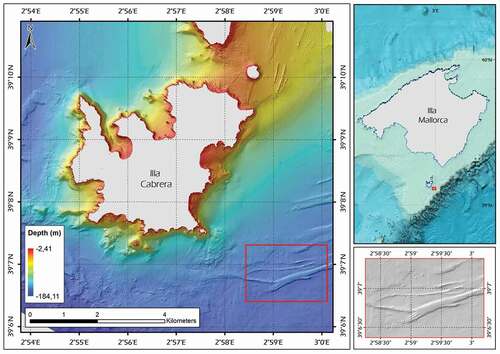 Figure 2. (Left) Cabrera Bathymetric Terrain Model. In red, location of the study area, showing linear rocky outcrops in ENE-WSW direction. (Bottom top) DBM of the continental shelf of Mallorca island. (Bottom right) Zoomed shaded relief image of the SE corner of the Cabrera continental shelf, illustrating the extent of the seabed ridges