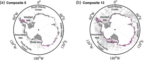 Figure 5. Fast ice maps using random forest in 2003 for (a) composite 5 (81–100 Julian days) and (b) composite 13 (241–260 Julian days). Magenta areas represent fast ice in the Antarctic, and hatched areas with gray color indicate that MODIS IST was not available for the composite.