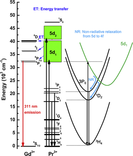 Figure 21. Energy diagram for the Gd3+ and Pr3+ centers in (GdxLu3−x)(Ga3Al2)O12 (x < 0.2), with the energy transfer channel from Pr3+ to Gd3+ indicated. The right-hand scheme depicts non-radiative relaxation from the lowest 5d1 to low-lying 3P0 and 1D2 levels of Pr3+. Reproduced with permission from [Citation98], copyright 2013 by Elsevier B V.