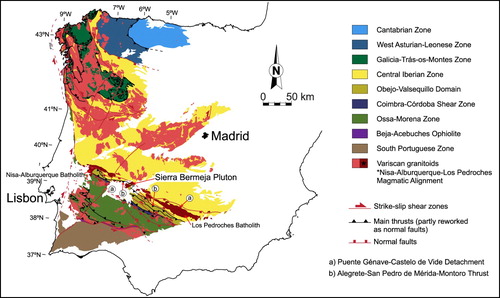 Figure 2. Geological map of the Iberian Massif. The Nisa-Alburquerque-Los Pedroches Magmatic Alignment is emphasised. The subdivision of the Iberian Massif is based on CitationJulivert, Marcos, and Truyols (1972); the extent of the Obejo-Valsequillo domain is based on CitationBandrés et al. (2004), CitationMartín Parra, González Lodeiro, Martínez Poyatos, and Matas (2006) and CitationPalacios et al. (2013); Variscan granitoids adapted from CitationRodríguez Fernández and Oliveira (2015); and major tectonic elements adapted from CitationDíez Fernández and Arenas (2015).