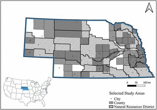 Figure 1. Location map for the cities, counties, and NRDs of Nebraska.