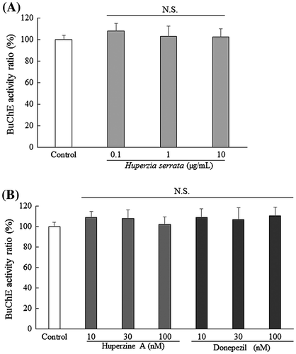 Fig. 3. H. serrata extract had no effect on BuChE activity.Notes: Each graph shows BuChE activity of after treatment with (A) H. serrata, (B) huperzine A, or donepezil. The BuChE inhibitory activity observed in the control was considered 100%. Values are expressed as the mean ± SEM (n = 4).