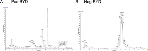Figure 2 Analysis of the components of BYD by LC-MS/MS. The total ion chromatograms (TIC) of BYD. (A) The positive mode and (B) the negative mode.