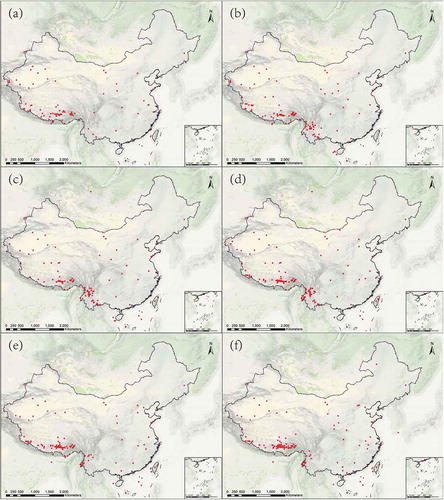 Figure 8. Regional distribution of 95.45% confidence intervals for zircon peak growth ages within the Cenozoic era, representing high-frequency peaks for ages: (a) 16.55 Ma; (b) 27.74 Ma; (c) 35.24 Ma; (d) 42.70 Ma; (e) 51.61 Ma; (f) 61.47 Ma.