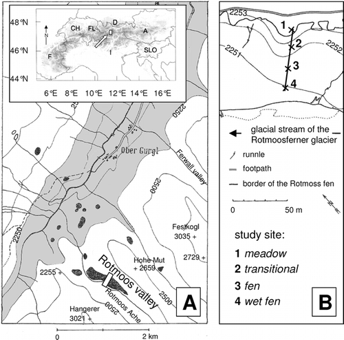 Figure 1 Map of the study area and study sites. (A) Overview of alpine fens in the study area (black areas) based on mapping by CitationRybníček and Rybníčková (1977); gray area in map represents the potential tree area (altitude below 2250 m a.s.l.). Legend of the overview of the Alps: A  =  Austria, D  =  Germany, CH  =  Switzerland, F  =  France, FL  =  Liechtenstein, I  =  Italy, SLO  =  Slovenia. (B) Map section of the Rotmoos valley with locations of study sites.