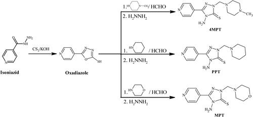 Scheme 1. Synthesis of Mannich bases 4MPT, PPT and MPT.