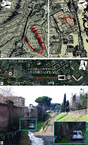 Figure 7. The location of the Fosso di Santa Croce valley (bordered in red), compared with the churches of San Giovanni in Laterano (A) and Santa Croce in Gerusalemme (B): in the map drawn by Dupérac in 1577 (a); in the map authored by Falda in 1676 (b); in a recent aerial view photo, which shows the large strait way that was constructed between the two churches (c); presently, street-view photo showing results from archaeological works that partially restored the valley as it probably was at Medieval times (d), when a minor gate was opened (box in d).