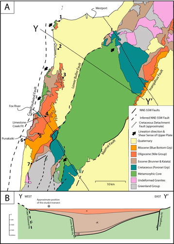 Figure 1 A, Geologic map of study area in the West Coast region simplified from the Greymouth Qmap compiled by Nathan et al (Citation2002). Stratigraphic columns used in this study are numbered: 1) Gibson Beach; 2) Okari Lagoon; 3) Nile River; 4) Fox River; 5) Bullock Creek; 6) Dolomite Point; 7) Lawson Creek. Shear sense measurements are taken from Tulloch and Kimbrough (Citation1989). B, Schematic cross-section (Y–Y′) of the Paparoa Trough at the end of the Oligocene, illustrating the relationship between the dominant NNE–SSW-trending faults, Eocene and Oligocene strata, and the geometry of the Paparoa Trough. Note the N–S transect examined in this study lies entirely within a single fault block bounded by the Lower Buller Fault and Cape Foulwind Fault. Modified from (Nathan et al. Citation1986). mB, Brunner Coal Measures; n, Nile Group; rk, Kiata Formation; rT, Torea Breccia.