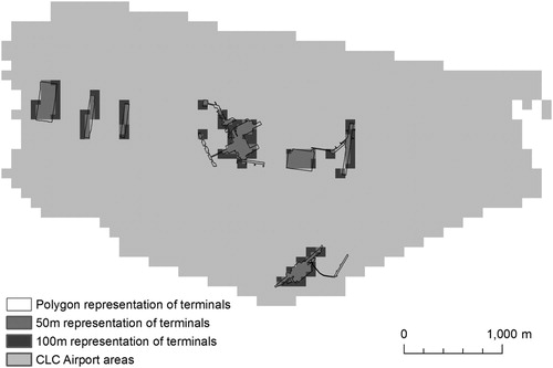 Figure 11. Conversion of terminal buildings polygons (OSM tag aeroway = terminal) into raster representation.