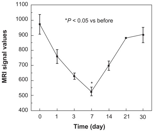 Figure 7 Magnetic resonance imaging (MRI) signal intensity curves obtained from the local vascular wall of the injured common carotid artery.Notes: At days 1 and 3, the MRI signal values showed a modest reduction, and statistically significant changes in signal levels were observed at 7 days (P < 0.05), as indicated by the curve. Afterwards, the signal levels gradually increased to normal levels on day 30.