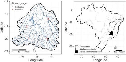 Figure 1. The Alto do São Francisco River catchment with the drainage system and the stream gauging stations selected for this study (left) and location map (right)