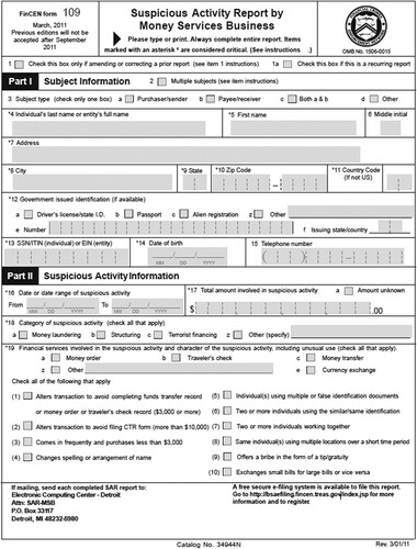 Figure 1 FinCEN SAR exampleSource: https://www.templateroller.com/template/525333/fincen-form-109-suspicious-activity-report-by-money-services-business.html (retrieved 31 May 2022).