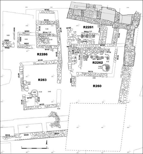 Fig. 12: Plan of Stratum 11, integrating Bar’s excavations in the grey shaded area (Bar Citation2021: Fig. 6); the Stratum 13 casemate wall is marked by dotted lines and the Stratum 10 4RH by dashed lines