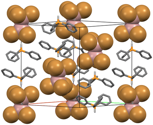 Figure 3. Packing diagram of the structure of the title compound in P3¯. H atoms on the phenyl rings are omitted for clarity, as are all atoms along the front (1 1 0) unit cell edge. The phosphonium ions are rendered as rods, whereas the hexabromodigallate ions are rendered as “space filling” spheres.