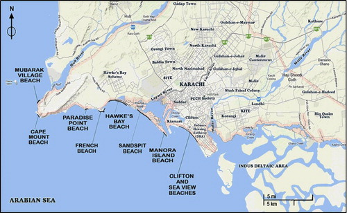 Figure 1. Names and locations of the main beaches in Karachi, Pakistan.