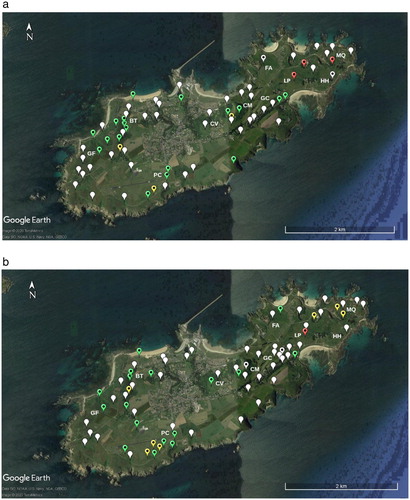 Figure 1. The sample points where Water Rail calls were broadcast during call-response surveys in winters (a) 2018/2019 and (b) 2019/2020. The points show where no response was heard (white), one bird responded (green with black spot), two birds responded (yellow with black spot), three or more birds responded (red with black spot) and no response was heard but other signs of presence were found (marked white with a black spot). Sites mentioned in the text; BT = Bonne Terre valley, CM = Community woodland, CV = Cotil du Val, FA = Fort Albert, GC = Alderney golf course, GF = Giffoine, HH = Houmet Herbe, LP = Longis Pond, MQ = Mannez Quarry and PC = Plat Cȏtil.