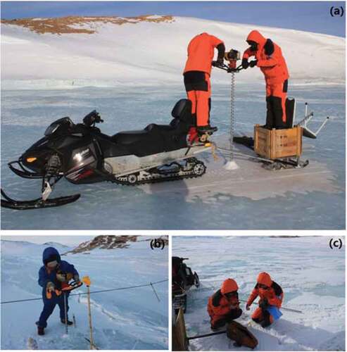 Figure 2. Measuring the (a) thick ice (> 1 m), (b) thin ice (< 1 m), and (c) snow on the fast ice near Zhongshan Station, conducted by the winter team members.