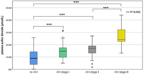 Figure 1 Discrimination of plasma SO2 between non-AKI and AKI of different severities. ***Comparison between non-AKI and AKI of different severities (p<0.001).