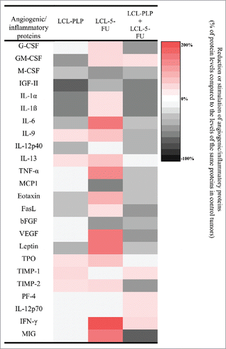 Figure 4. The effects of different treatments on angiogenic and inflammatory proteins production in s.c. C26 colon carcinoma tissue. The protein levels in tumors after different treatments are compared with the levels of the same proteins in control tumors. Data are expressed as average % of reduction of tumor protein levels ranging from 0% (white) to -100% (black) or stimulation (+) of production of proteins ranging from 0% (white) to +200% (red) compared with the levels of the same proteins in control tumors. LCL-PLP - group treated with 20 mg/kg PLP as liposomal form at days 8 and 11 after tumor cell inoculation; LCL-5-FU - group treated with 1.2 mg/kg 5-FU as liposomal form at days 8 and 11 after tumor cell inoculation; LCL-PLP+LCL-5-FU - group treated with 20 mg/kg LCL-PLP and 1.2 mg/kg LCL-5-FU at days 8 and 11 after tumor cell inoculation.