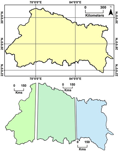 Figure 3. Map showing the Ganga river basin with UTM 44 N zone and WGS 84 datum (top); parts of the Ganga basin with separate UTM zones – 43, 44 and 45 with WGS 84 datum (bottom).