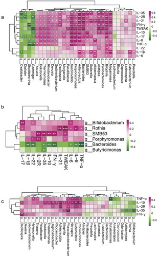 Figure 4. Correlation analysis of these differential genera and cytokines between any two groups.