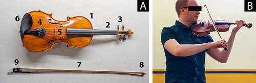 Figure 1 The violin and its use. (A) Structure of the instrument (1, corpus; 2, fingerboard; 3, tuning pegs; 4, fine tuners; 5, bridge; 6, chinrest; 7, Tourte bow; 8, tip; 9, frog). (B) Physiological body posture and position of head, shoulders, arms, hands and fingers while playing the violin. The person in (B) has provided written informed consent for the image to be published.