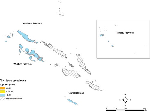 Figure 3. Trichiasis prevalence in those aged 15 years and older, Global Trachoma Mapping Project, Solomon Islands, September–November 2013. Shapefile source: Global administrative areas (gadm.org).