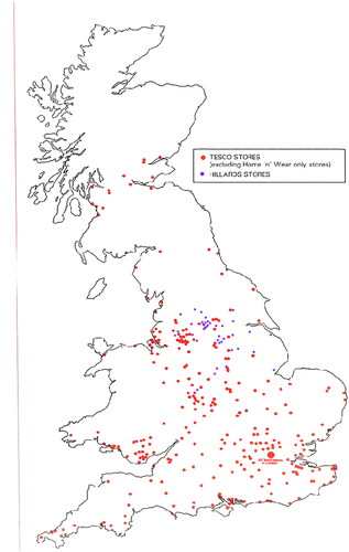 Figure 1. Map showing the distribution of Hillards and Tesco stores in 1986. Produced by Tesco in Tesco Company Review page 5, 1986 (the colour of the dots representing Hillards stores was changed from light grey to purple for visual clarity).