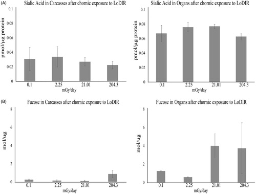 Figure 4. Quantification of sialic acid (A) and fucose (B) as monosaccharides after chronic exposure to low levels of IR in powder from Medaka carcasses and organs. Fucose was analyzed after alditol acetate derivatization by GC and Sialic acid after DMB labeling by HPLC. Total sialic acid is the sum of the quantity of Neu5Ac and Neu5Gc. The graphs show the results as the mean ± SD, n = 2 at each radiation dose.