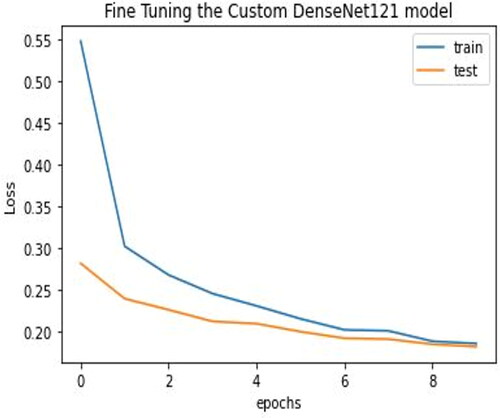 Figure 5. Training and testing losses during the development of the custom melanoma classification model.