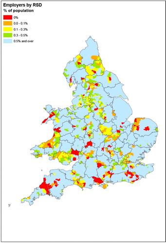 Figure 3. Employer rate by RSD in 1871; used to indicate possible gaps in transcription coverage; RSDs below 0.5 indicate possible omissions. Source: The Authors.