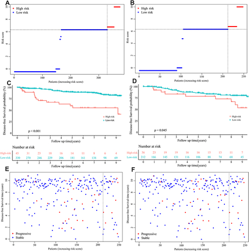 Figure 8 Disease-free survival analysis based on risk scores. (A) The distribution and the median value of the risk scores in the training dataset. (B) The distribution and the median value of the risk scores in the validation dataset. (C) Kaplan-Meier curves for the DFS of patients in the high- and low-risk group in the training dataset. (D) Kaplan-Meier curves for the DFS of patients in the high- and low-risk group in the validation dataset. (E) The distributions of DFS status, DFS and risk scores in the training dataset. (F) The distributions of DFS status, DFS and risk scores in the validation dataset.