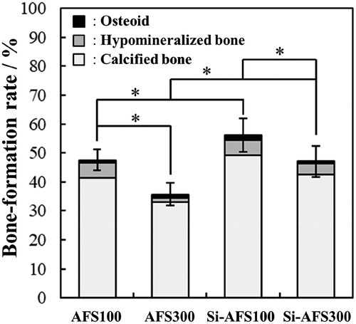 Figure 7. Bone-formation rates of AFSs and Si-AFSs. Error bars represent the standard deviation. (n = 4 (AFS100, Si-AFS100) or 7 (AFS300, Si-AFS300), *p < 0.05).