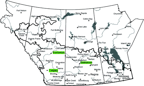 Fig. 1 Map of the Canadian Prairie provinces, with the extent of agricultural land outlined and study locations highlighted in green (adapted from Agriculture and Agri-Food Canada (Citation2009 by permission).