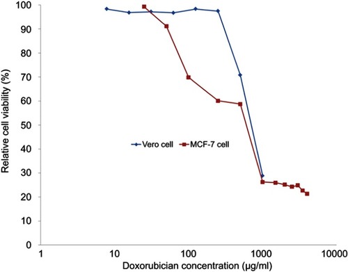 Figure S5 The cell viability of MCF-7 and Vero cells after exposure to various concentrations of doxorubicin for 3 days. The calculated IC50 of doxorubicin for MCF-7 and Vero cells are 672 and 758 ng/mL, respectively
