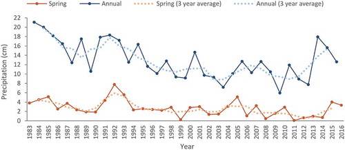 Figure 2. Extended spring (January–June, red) and annual (January–December, blue) precipitation based on monthly precipitation data from Douglas-Bisbee International Airport. Three year moving average shown with dotted lines.