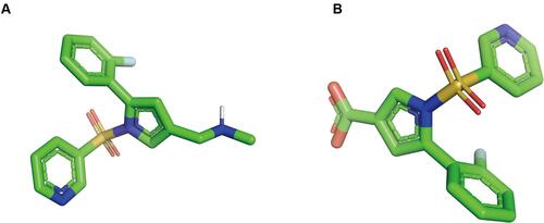 Figure 1 Structure displays of vonoprazan and M-I. (A) 3D model of chemical structure of vonoprazan; (B) 3D model of chemical structure of M-I.