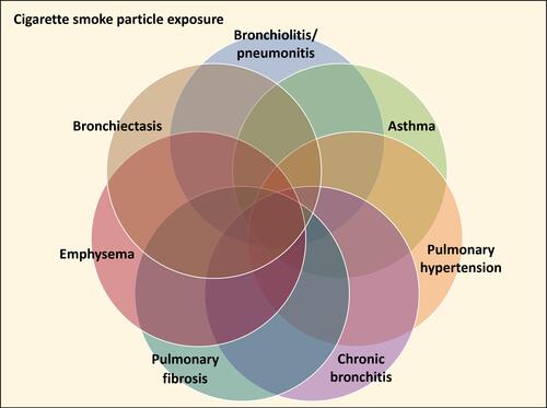 Figure 2 Venn diagram of potential non-malignant lung injuries after cigarette smoking. Presentations with overlap between two or more lung injuries are numerous.