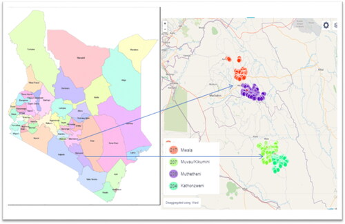 Figure 2. Map of Kenya; and inset—Machakos (Mwala and Muthetheni wards) and Makueni Counties (Kathonzweni and muvua/kikumini wards).