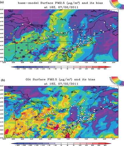 Figure 5. Predicted surface PM2.5 and its bias compared to AIRNow measurements in the base case (a) and OI4 (b) over the northeastern United States. The corner color bars show the predicted PM2.5, and the bottom color bars show the biases.