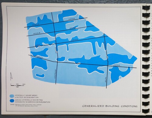 Figure 5. Raymond & May, Vest Pocket Housing in Bedford-Stuyvesant, 1968, two-tone map indicating level of deterioration in the study area. Source: NYHS.