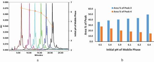 Figure 6. pH dependence of the interconversion of peak-3 and peak-4 were demonstrated using CEX by increasing the initial pH of the mobile phase. The desired initial pH of the mobile phase was achieved by altering the ratio of [NaH2PO4/Na2HPO4] and the pH value was measured offline by a pH meter. (a) CEX chromatographs of intact mAb-1 with different initial pHs of the mobile phase. (Color, initial pH mobile phase): Brown: pH ~6.4, Pink: pH ~6.2; Light blue: pH ~6.1; Green: pH ~5.9; Blue: pH ~5.4; Black: pH ~4.5. (b) Area % of peak-3 and peak-4: area of peak-3 increased when the initial pH of mobile phase increased (blue column); area of peak-4 decreased when the initial pH of mobile phase increased (orange column)
