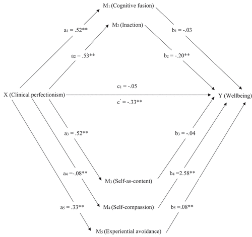 Figure 2. A Statistical Diagram of the Parallel Mediator Model for the effect of Clinical Perfectionism on Psychological Wellbeing.